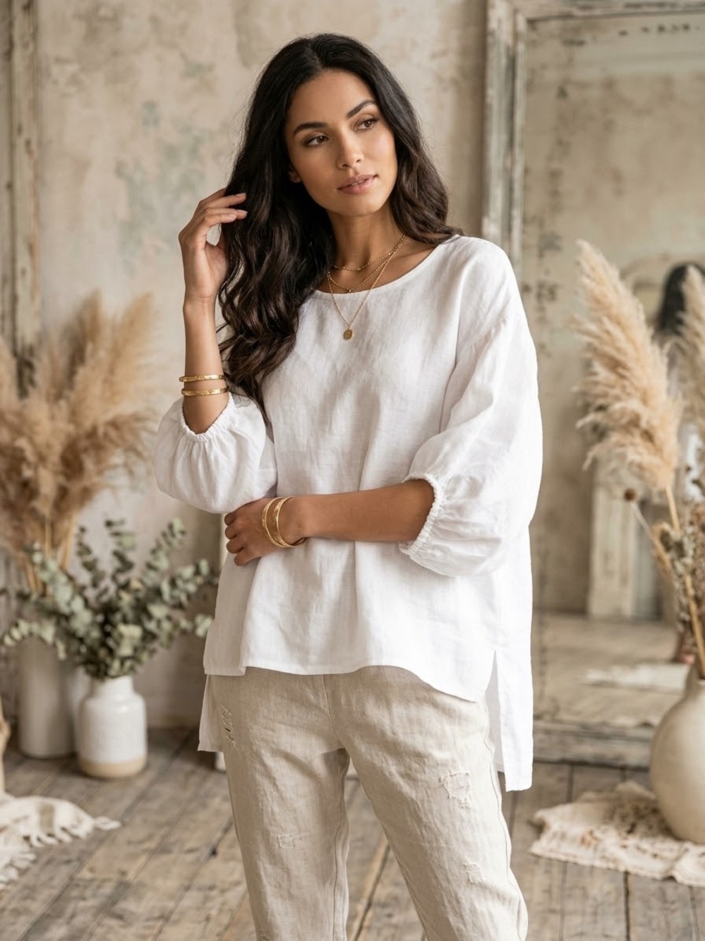 Women's White Linen Boho Shabby Chic Tunic Blouse - Relaxed Fit Puff Sleeves